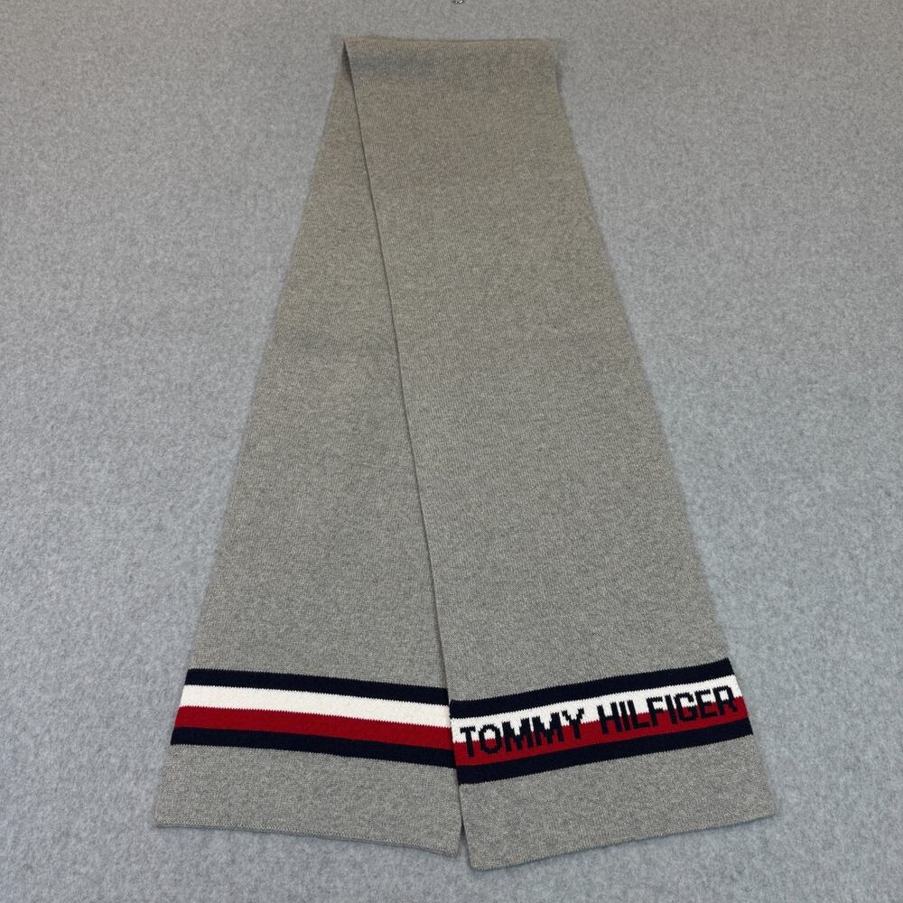 Tommy Hilfiger Gray Knit Scarf Logo Stripe One Size 72"x10" Men's